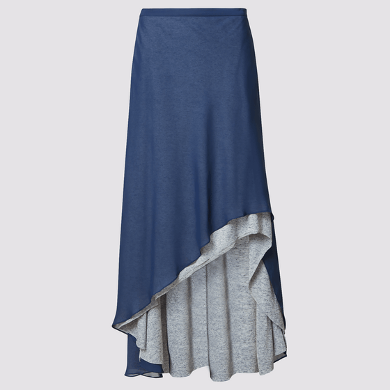 The shay skirt in navy by inlarkin featuring a double layer asymmetrical silo hem