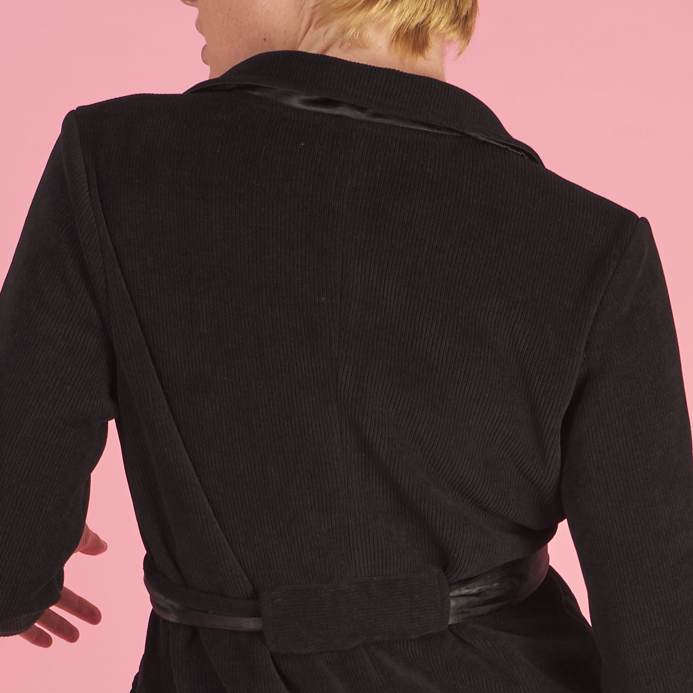 the shirt jacket in black by inlarkin constructed of bonded ottoman velvet fleece fabric combines a sleek exterior with a soft, velvety interior for unparalleled comfort and sophistication