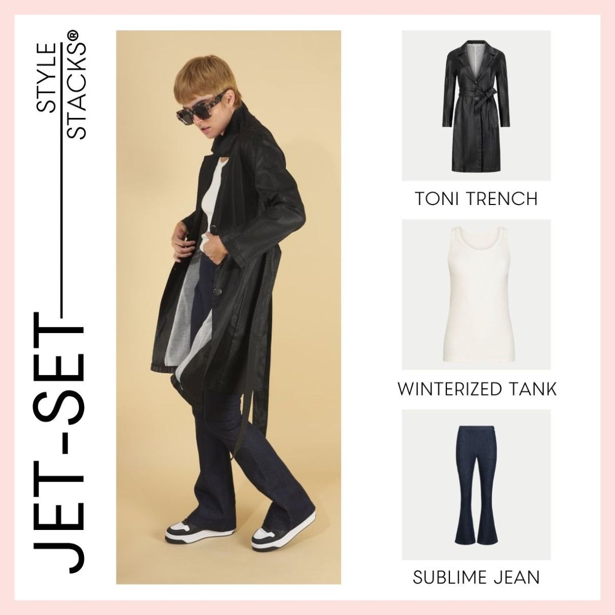 the jet-set style stack outfit by inlarkin featuring the toni trench in black, winterized tank in white and sublime jean