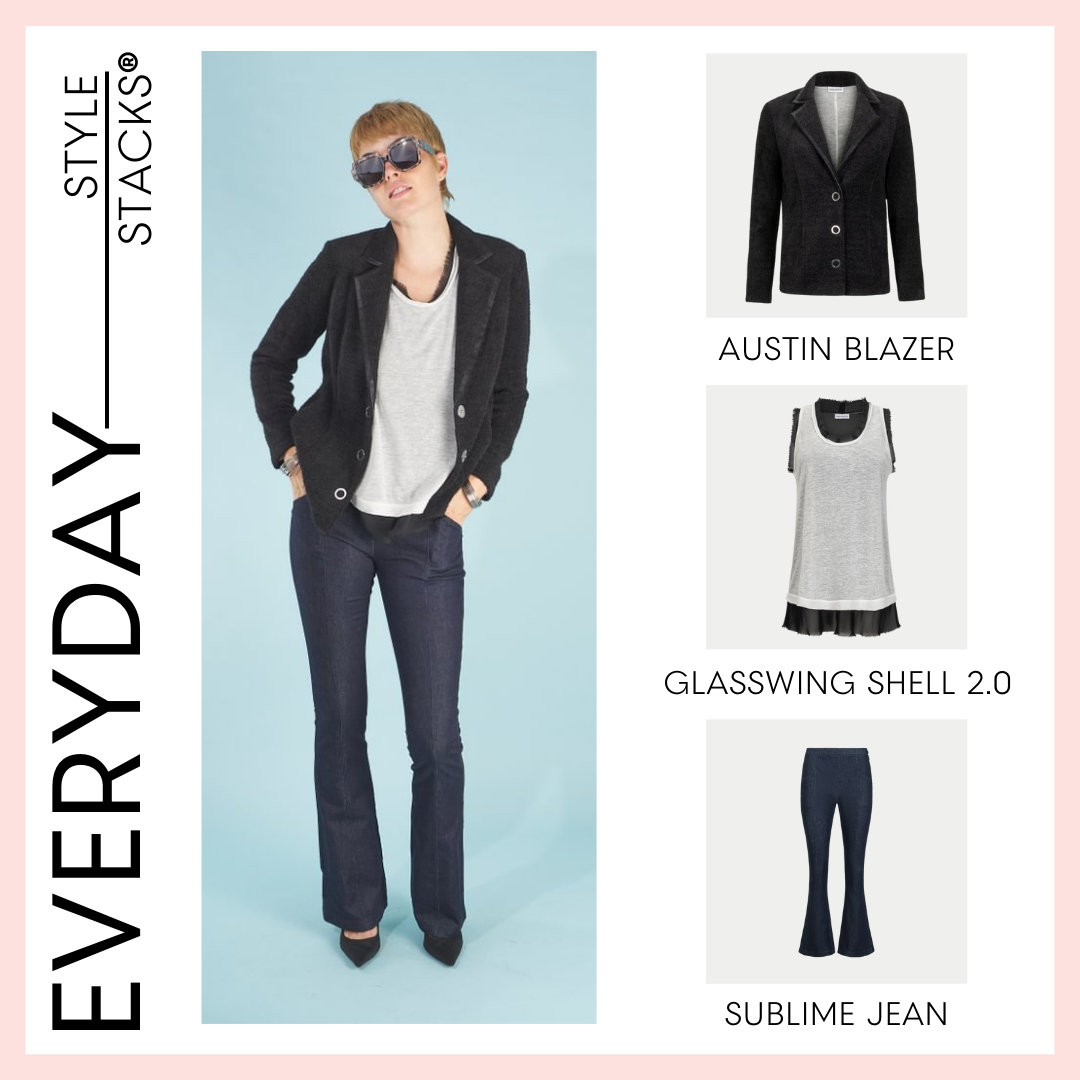 Person wearing a black austin blazer, glasswing shell 2.0 top, and sublime jeans by inlarkin with product names displayed on the right for the everyday style stack