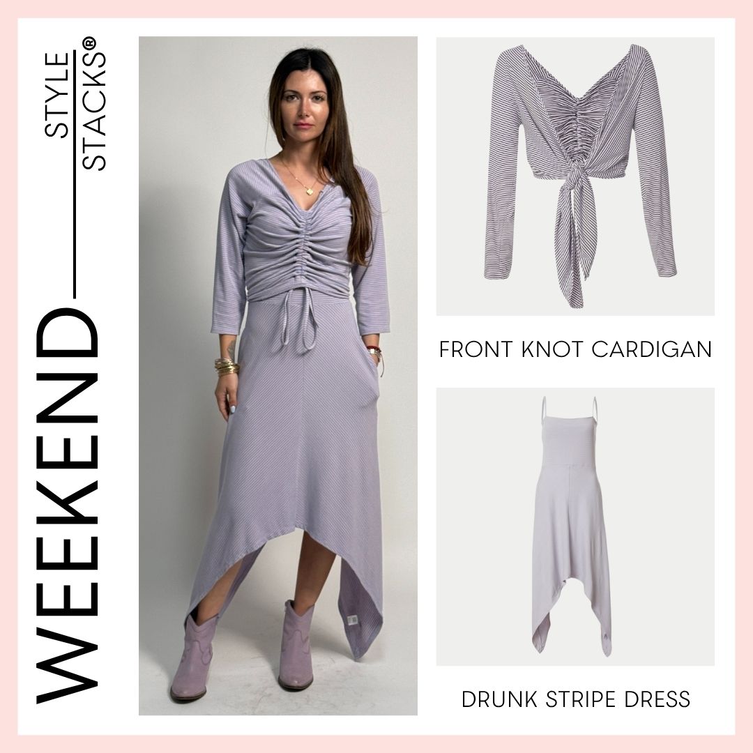 the weekend style stack by inlarkin featuring the drunk stripe dress in lilac and the front knot cardigan