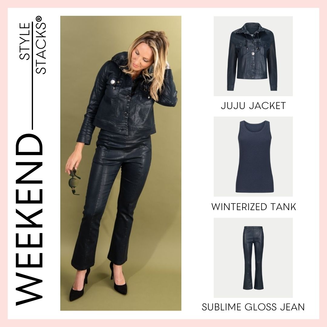Woman wearing a navy juju jacket with gloss denim by inlarkin along with a winterized  tank top, and sublime gloss jeans with 'Style Stacks' branding.