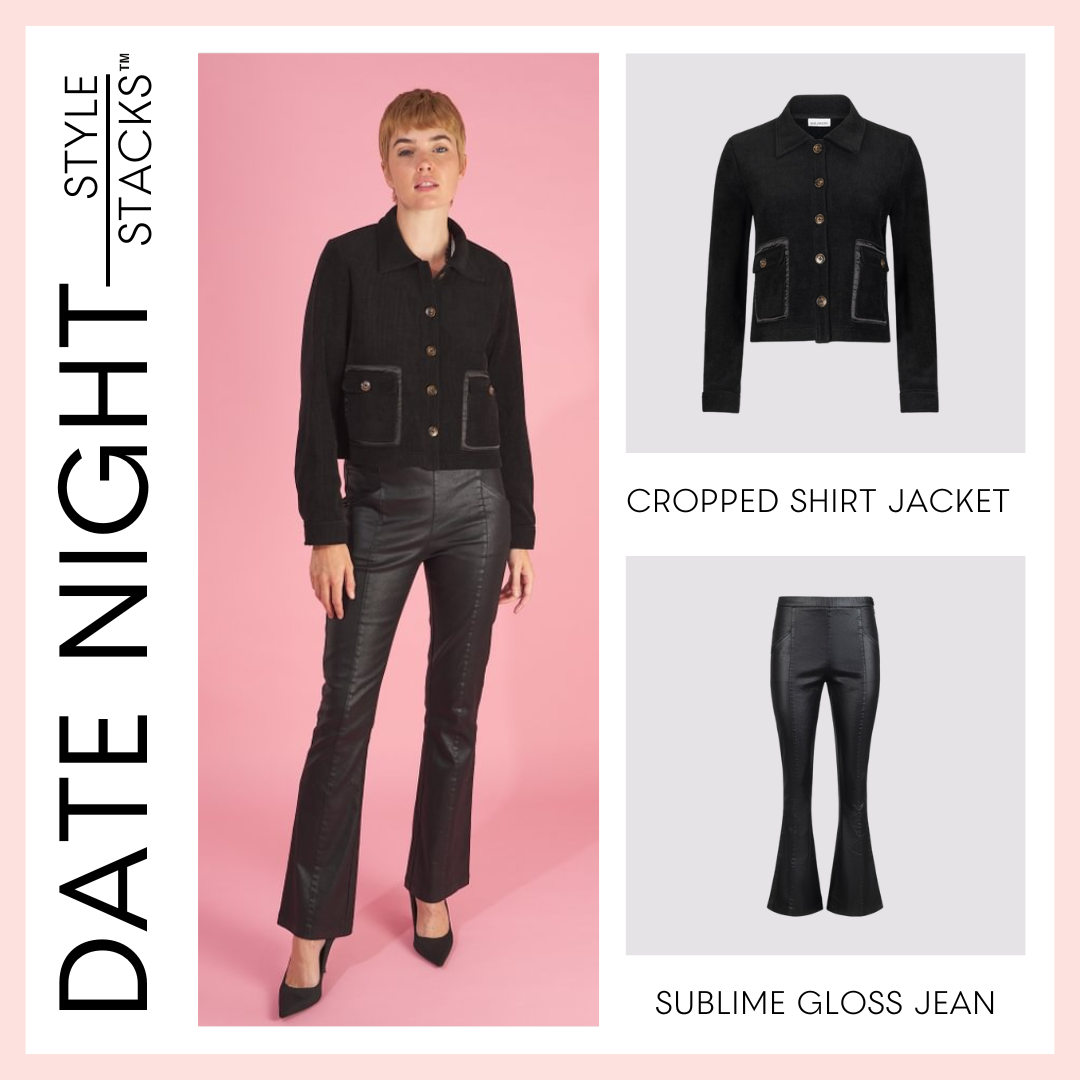 style stack date night by inlarkin featuring the cropped shirt jacket in black and sublime gloss jean in black