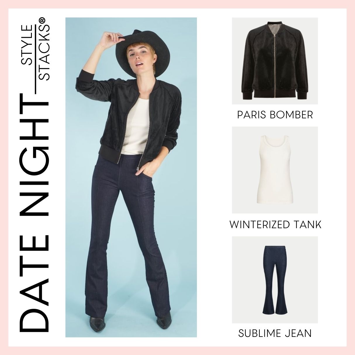 the style stack date night by inlarkin featuring the paris beauty bomber, winterized tank and sublime jean