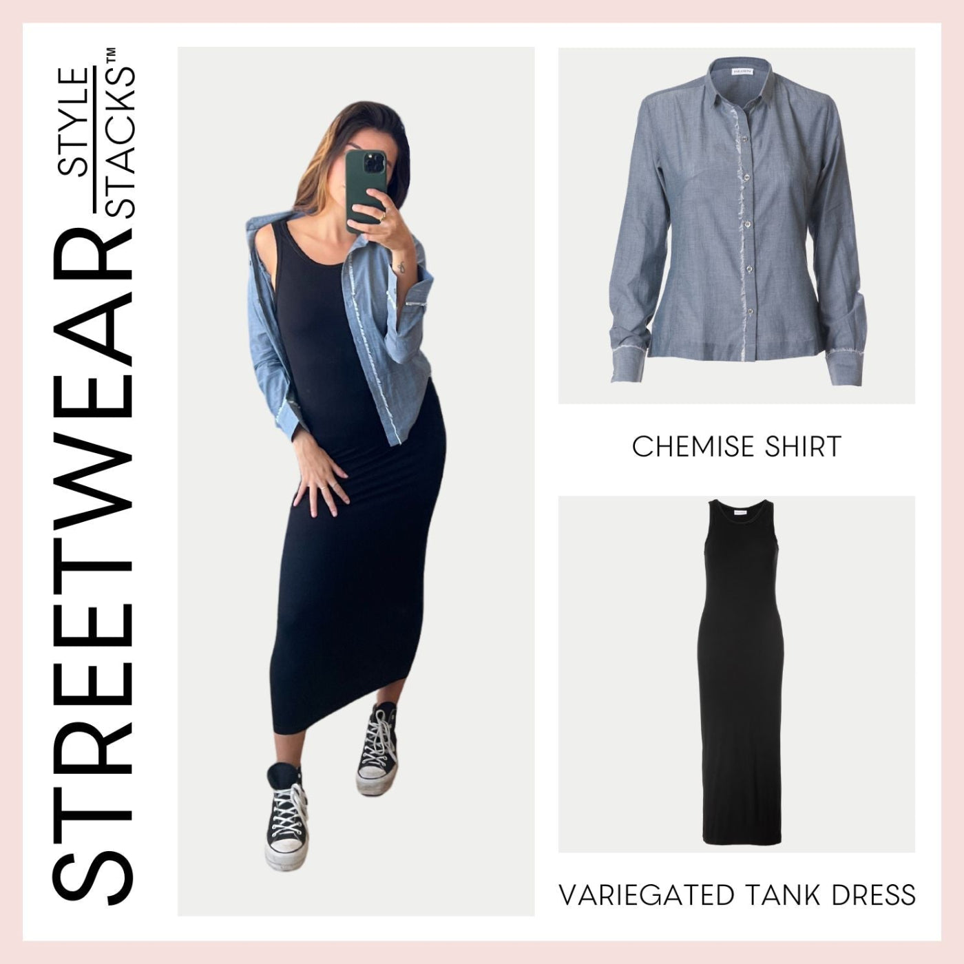 the style stack weekend by inlarkin featuring the chemise shirt and variegated tank dress