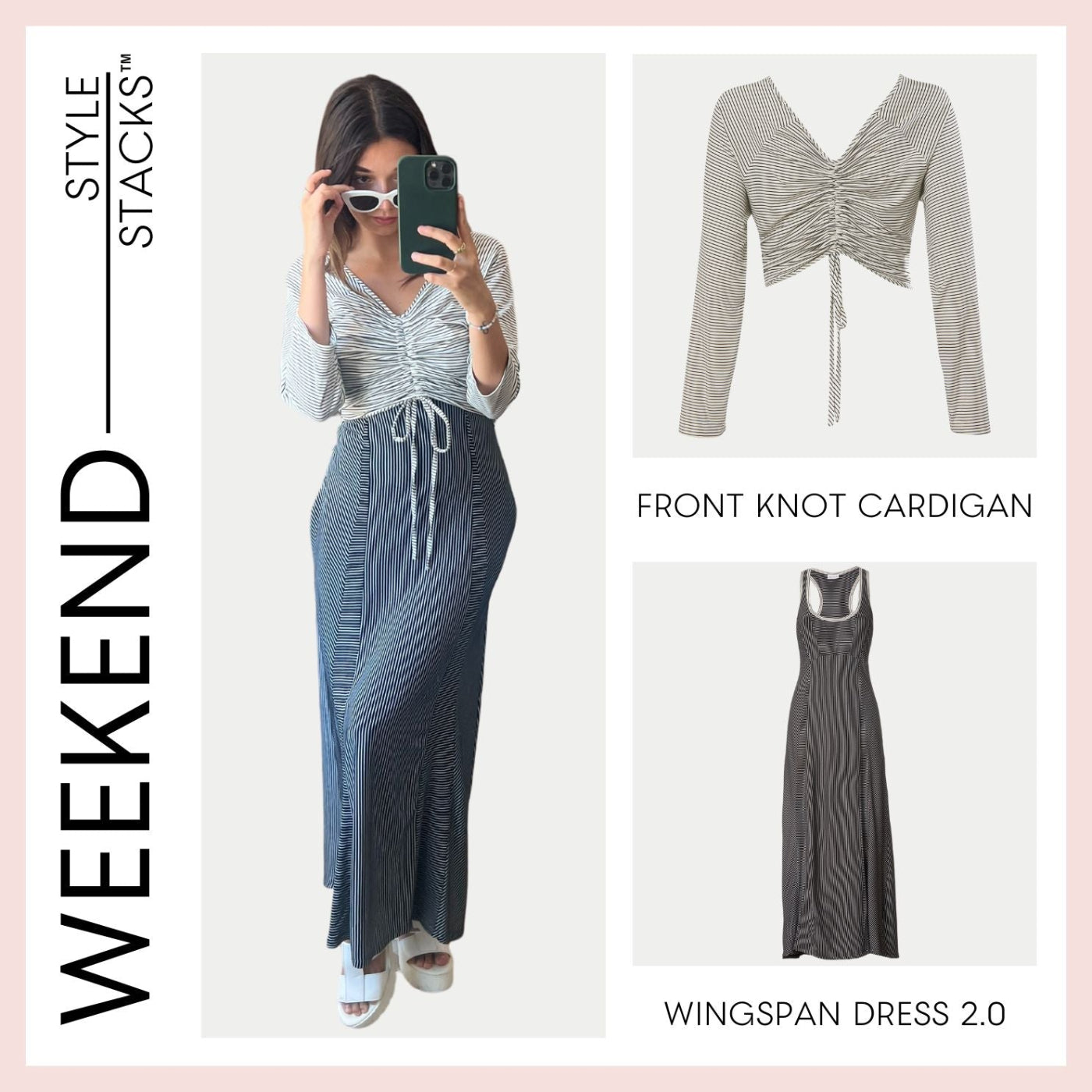 the style stack weekend by inlarkin featuring the front knot cardigan and wingspan dress 2.0