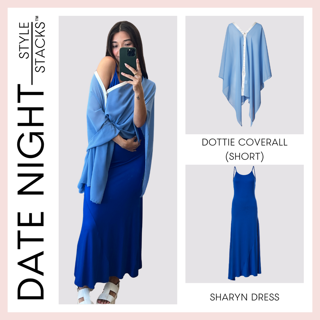  style stacks date night image by inlarkin featuring the dottie coverall short in blue and the sharyn dress in blue