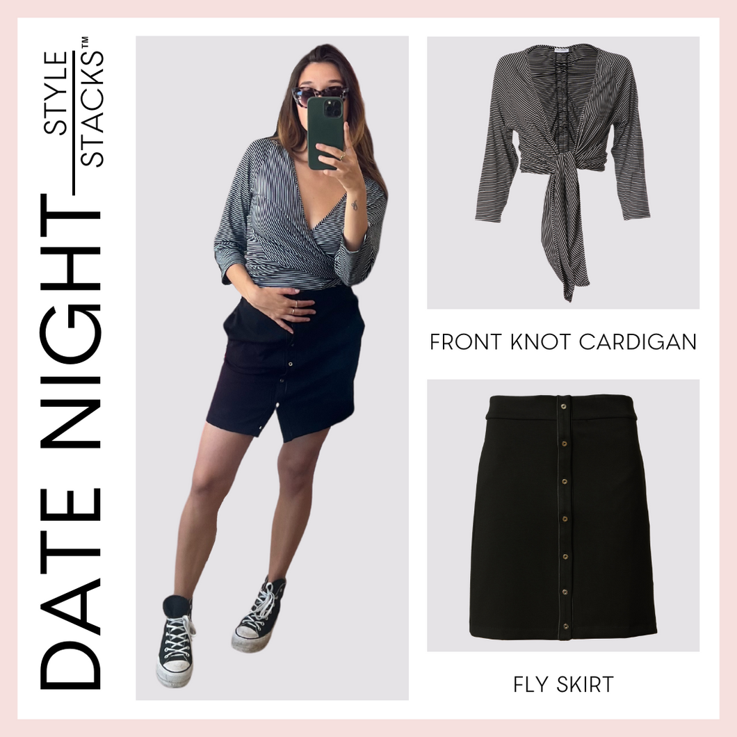  style stacks date night by inlarkin featuring the front knot cardigan in black and the fly skirt in black