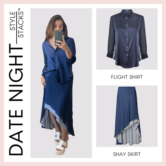 The style stacks date night by inlarkin image showing the flight shirt in navy paired with the shay skirt in navy