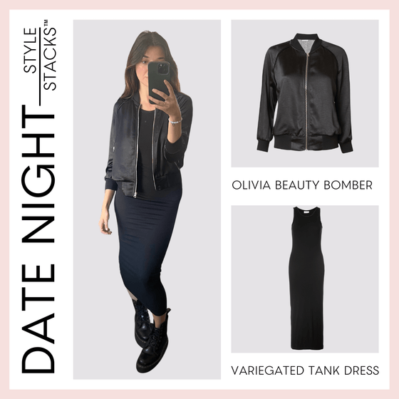 the style stacks date night by inlarkin image showing the olivia beauty bomber in black  paired with the variegated tank dress in black