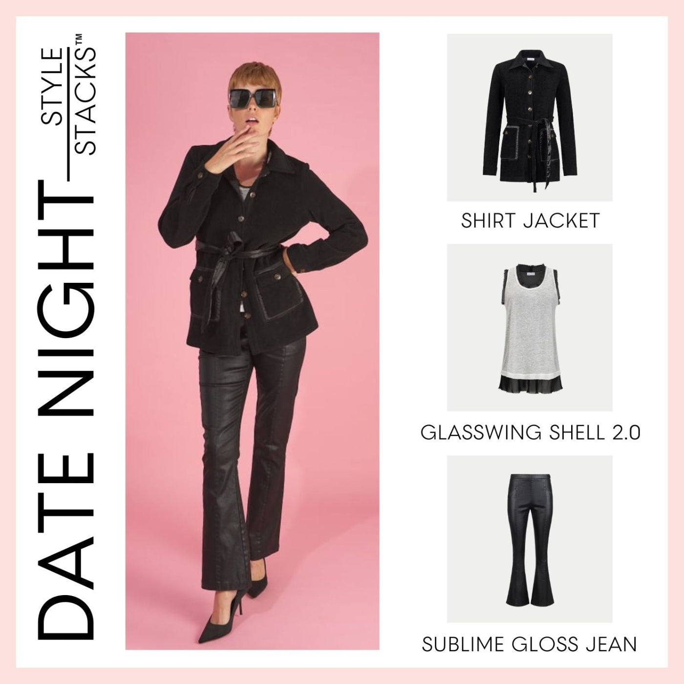 the style stacks date night by inlarkin featuring the shirt jacket, glasswing shell 2.0 and sublime gloss jean 