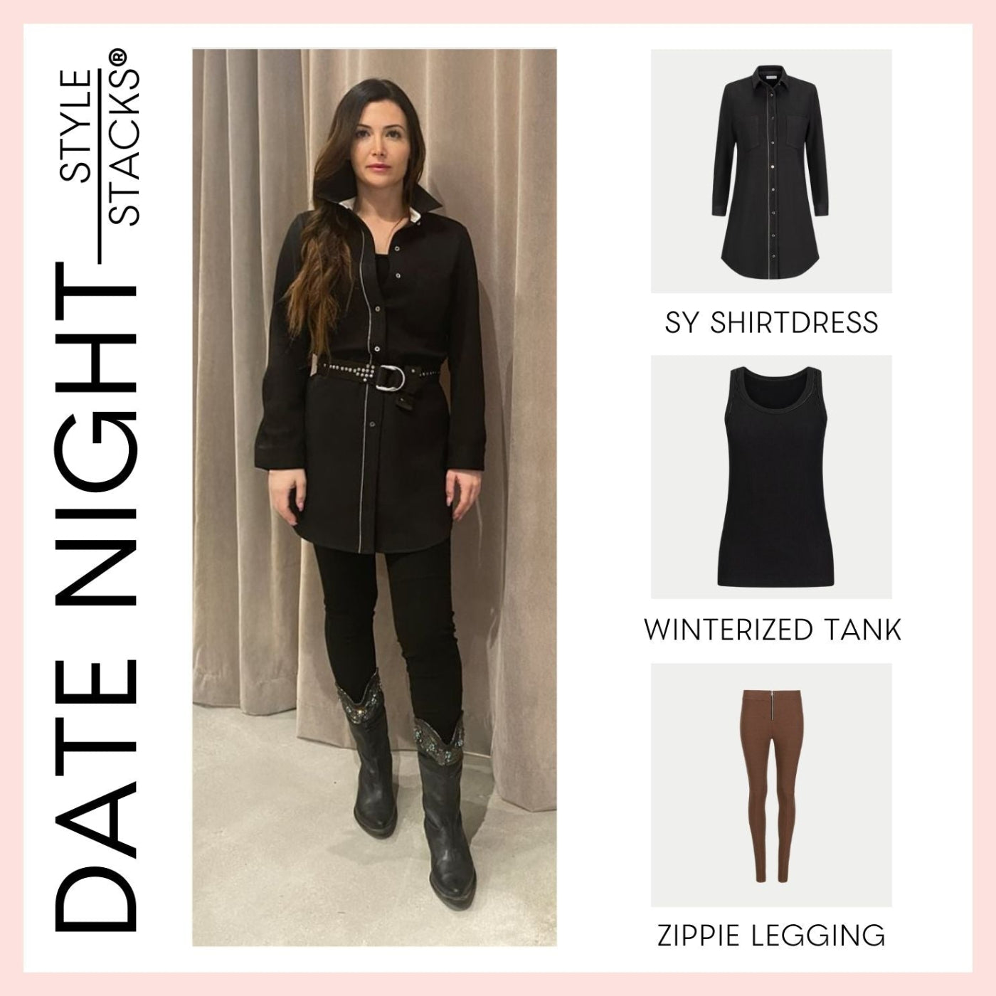 the style stacks date night by inlarkin featuring the sy shirtdress in black, winterized tank in black and zippie legging in black
