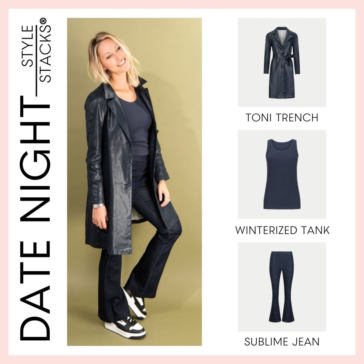 the style stacks date night by inlarkin featuring the toni trench, winterized tank and sublime jean