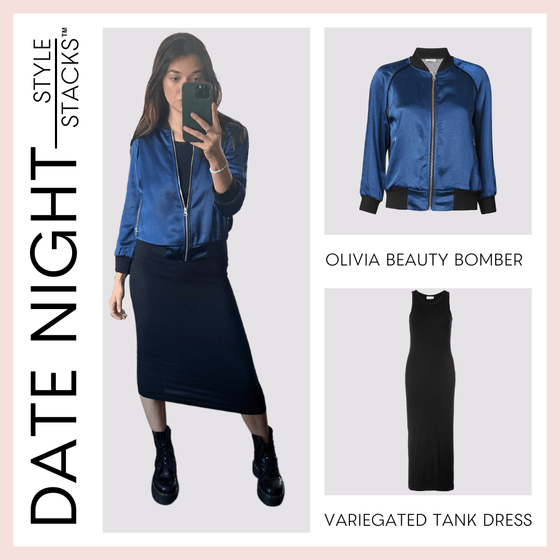the style stacks date night by inlarkin image showing the olivia beauty bomber in navy paired with the variegated tank dress in black