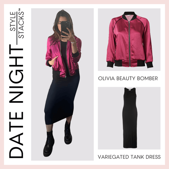 the style stacks date night by inlarkin image showing the olivia beauty bomber in fuchsia paired with the variegated tank dress in black