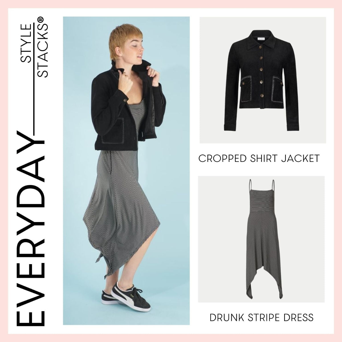 the style stacks everyday by inlarkin featuring the drunk stripe dress in black stripe and the cropped shirt jacket in black