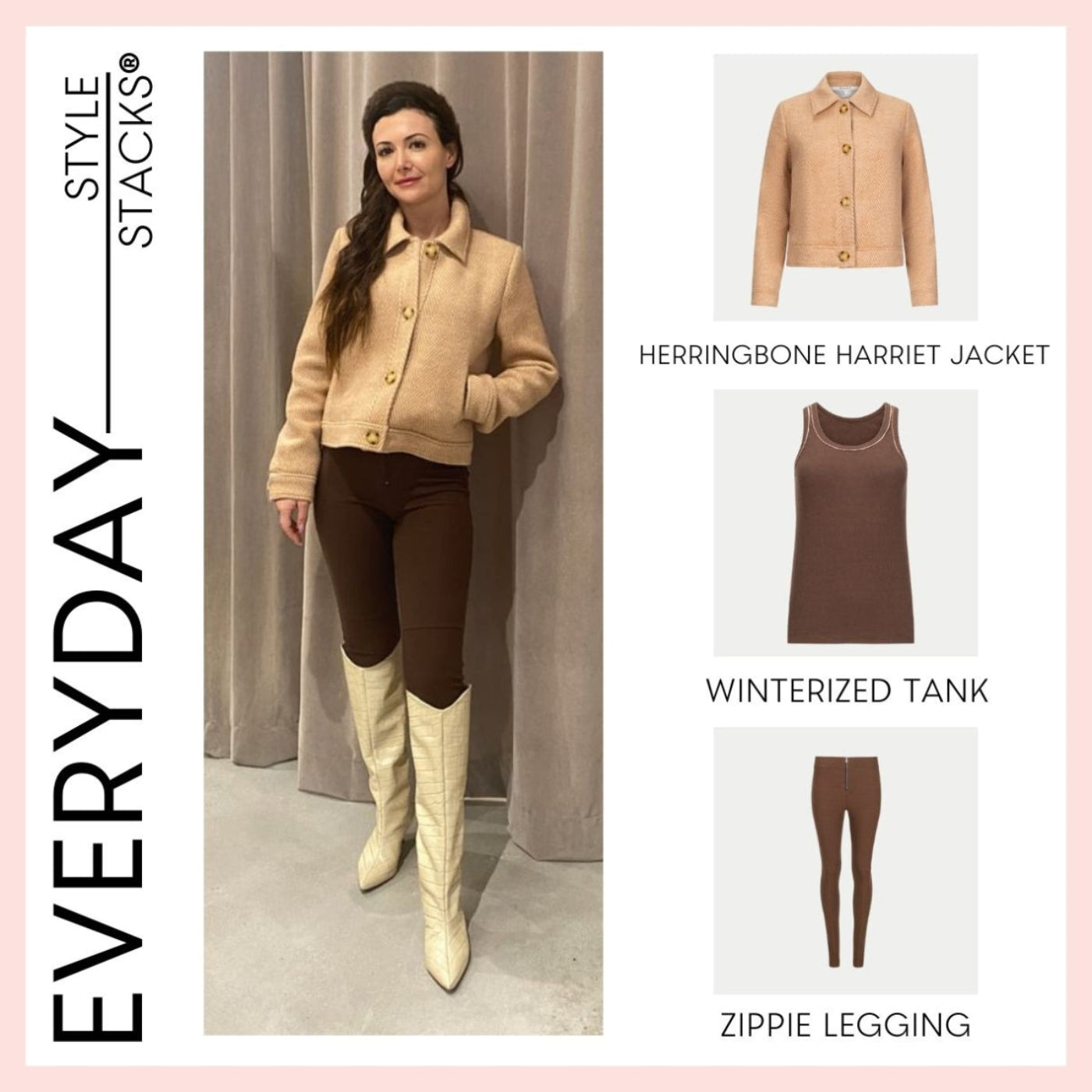 the style stacks everyday by inlarkin featuring the herringbone harriet jacket in coffee, winterized tank in chocolate and the zippie leggings in chocolate
