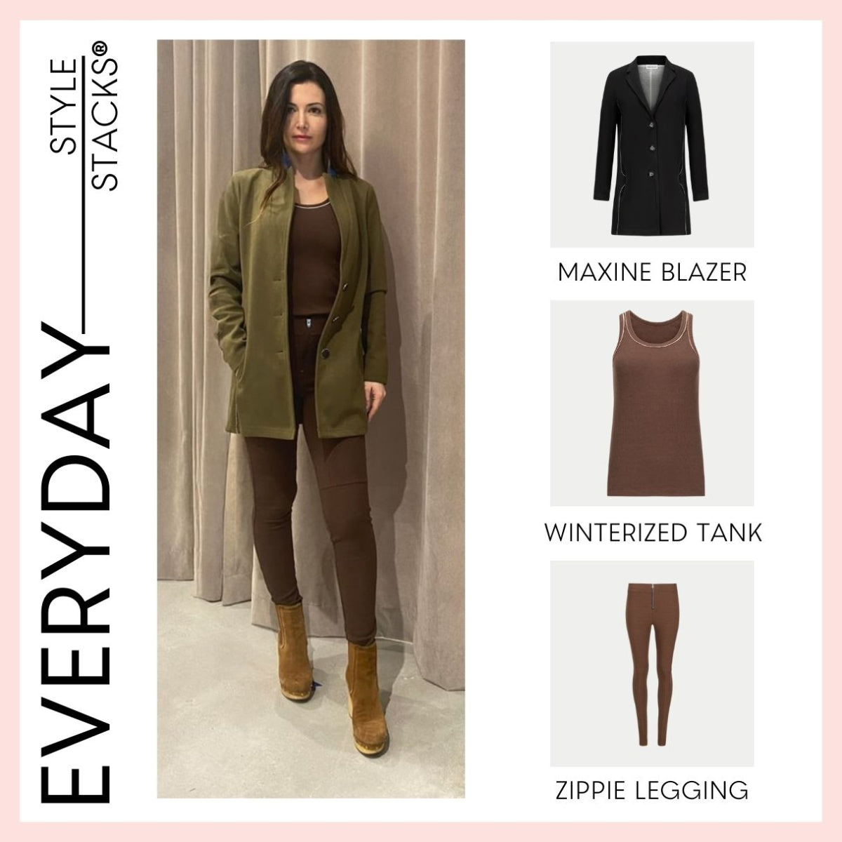the style stacks everyday by inlarkin featuring the maxine blazer in olive, winterized tank in chocolate and the zippie leggings in chocolate