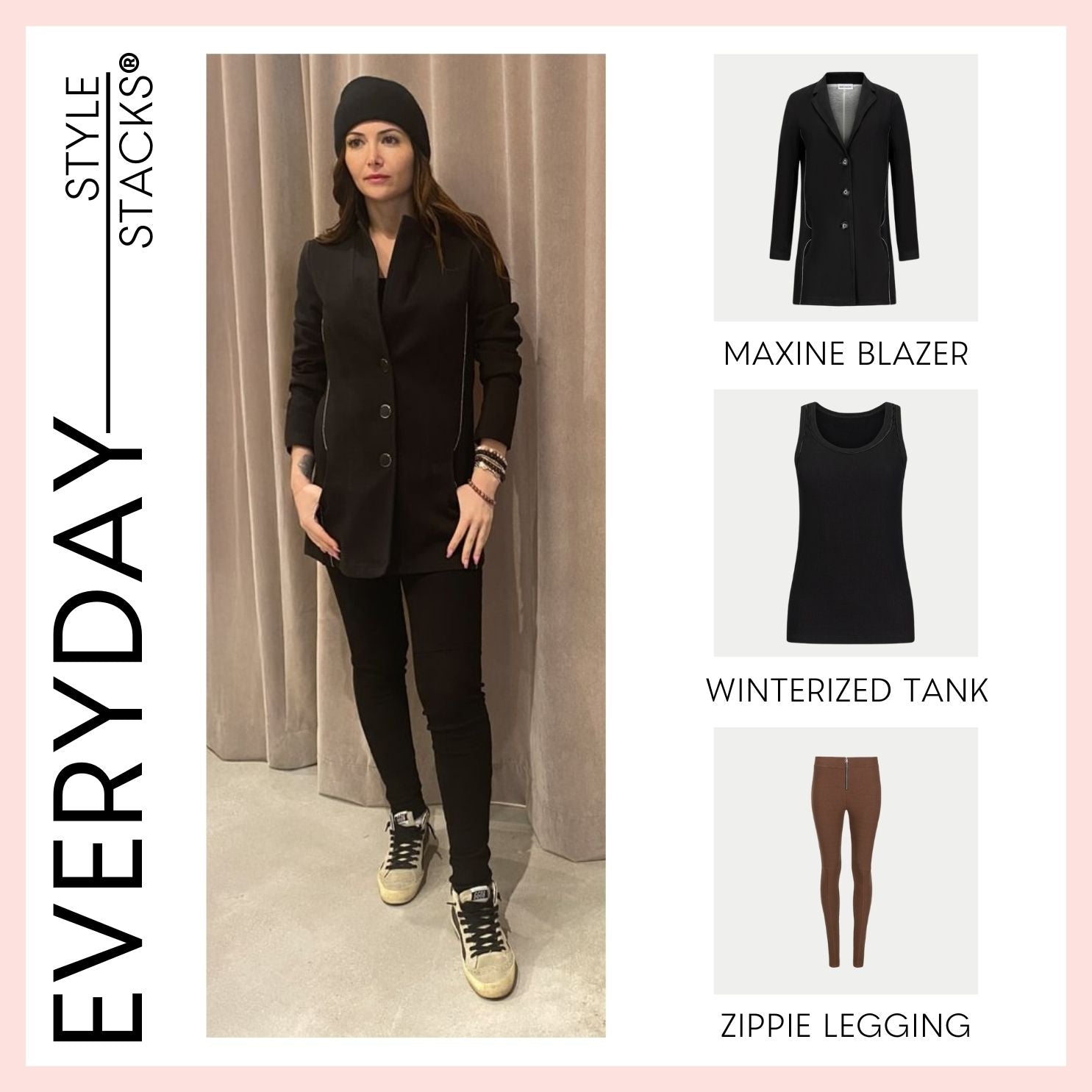 the style stacks everyday by inlarkin featuring the maxine blazer in black, winterized tank in black and zippie legging in black