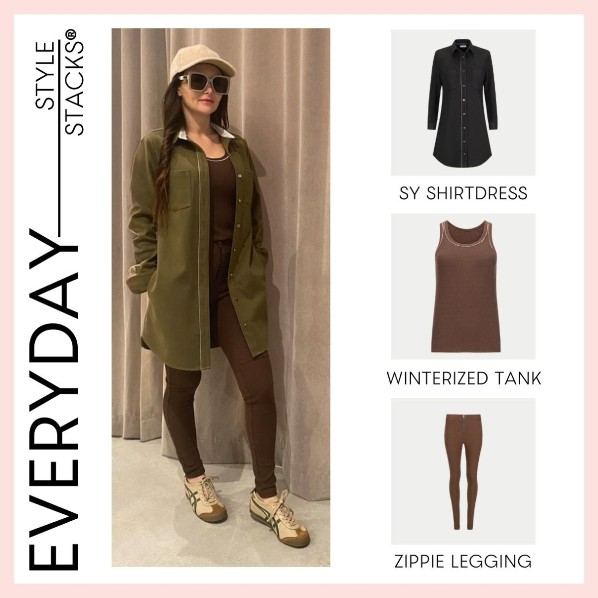the style stacks everyday by inlarkin featuring the sy shirtdress in olive, winterized tank in chocolate and the zippie leggings in chocolate