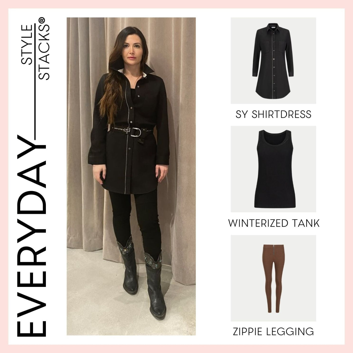 the style stacks everyday by inlarkin featuring the sy shirtdress, winterized tank and zippie legging