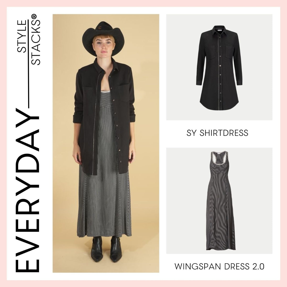 the style stacks everyday by inlarkin featuring the wingspan dress 2.0 in black stripe and the sy shirtdress in black