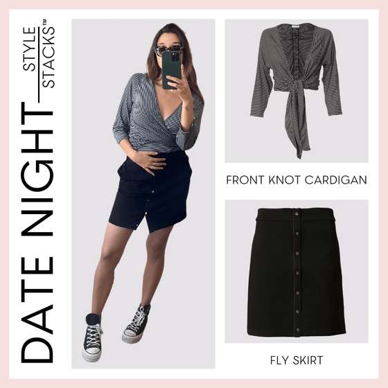 The style stacks date night by inlarkin image showing the front knot cardigan paired with the fly skirt in black
