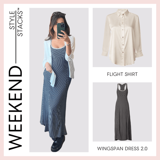 the style stacks weekend by inlarkin image showing the flight shirt in white paired with the wingspan dress 2.0 in black stripe
