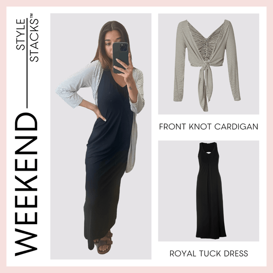 the style stacks weekend by inlarkin image showing the front knot cardigan in white stripe paired with the royal tuck dress in black stripe