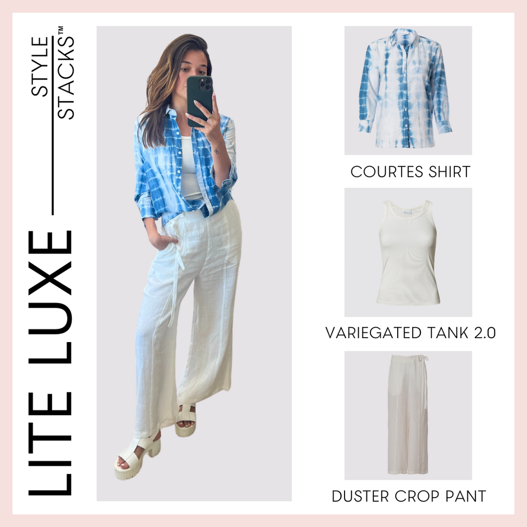  style stack image of the lite luxe collection by inlarkin with the courtes shirt variegated tank 2.0 and the duster crop pant