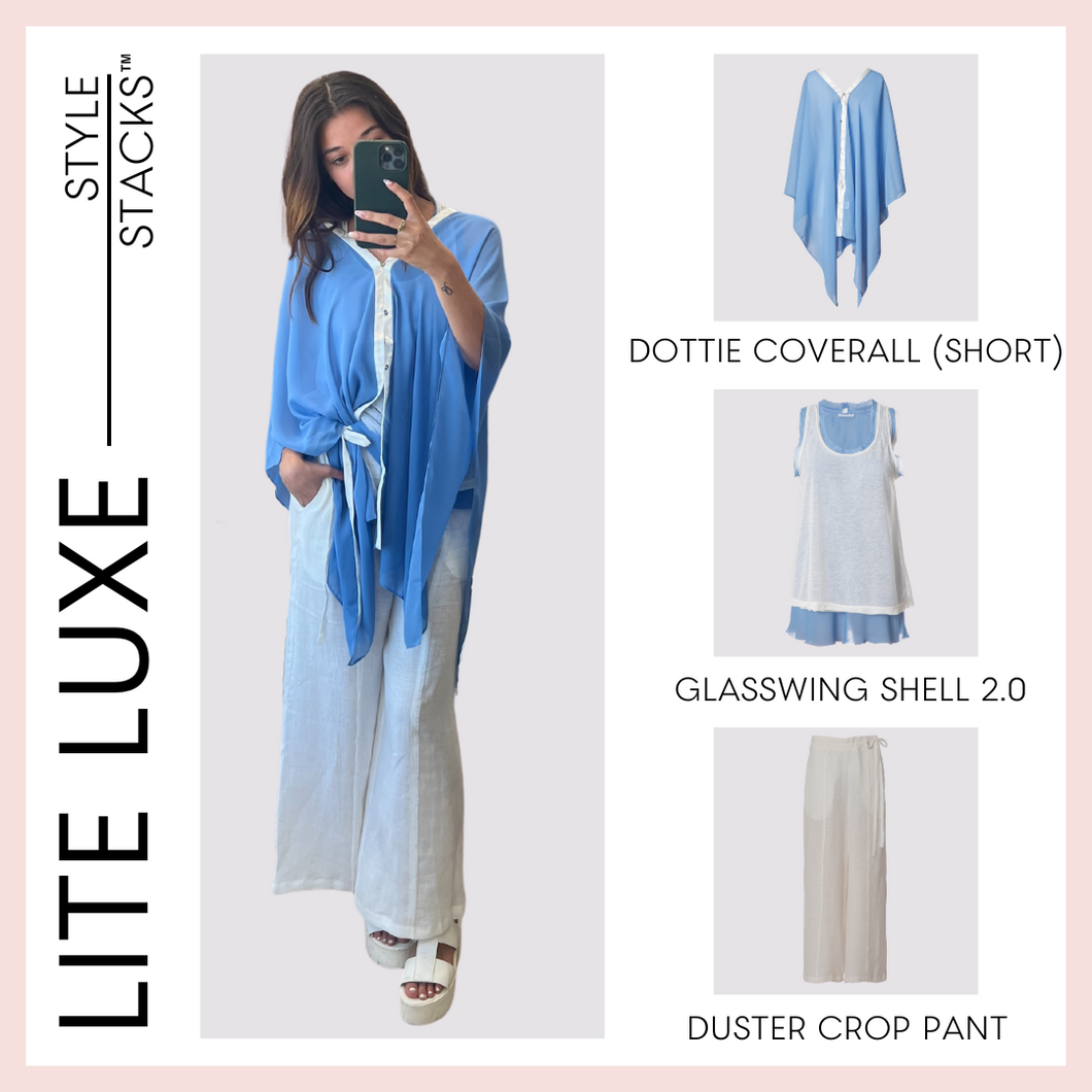  style stack image of the lite luxe collection by inlarkin with the dottie coverall short glasswing shell 2.0 and the duster crop pant