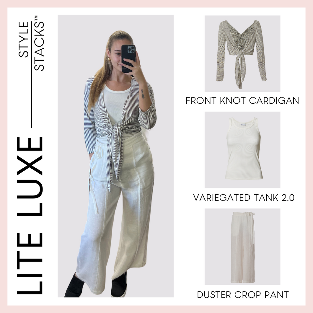  style stack image of the lite luxe collection by inlarkin with the front knot cardigan variegated tank 2.0 and the duster crop pant