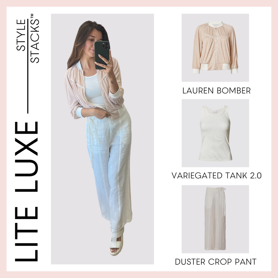 style stack image of the lite luxe collection by inlarkin with the lauren bomber variegated tank 2.0 and the duster crop pant