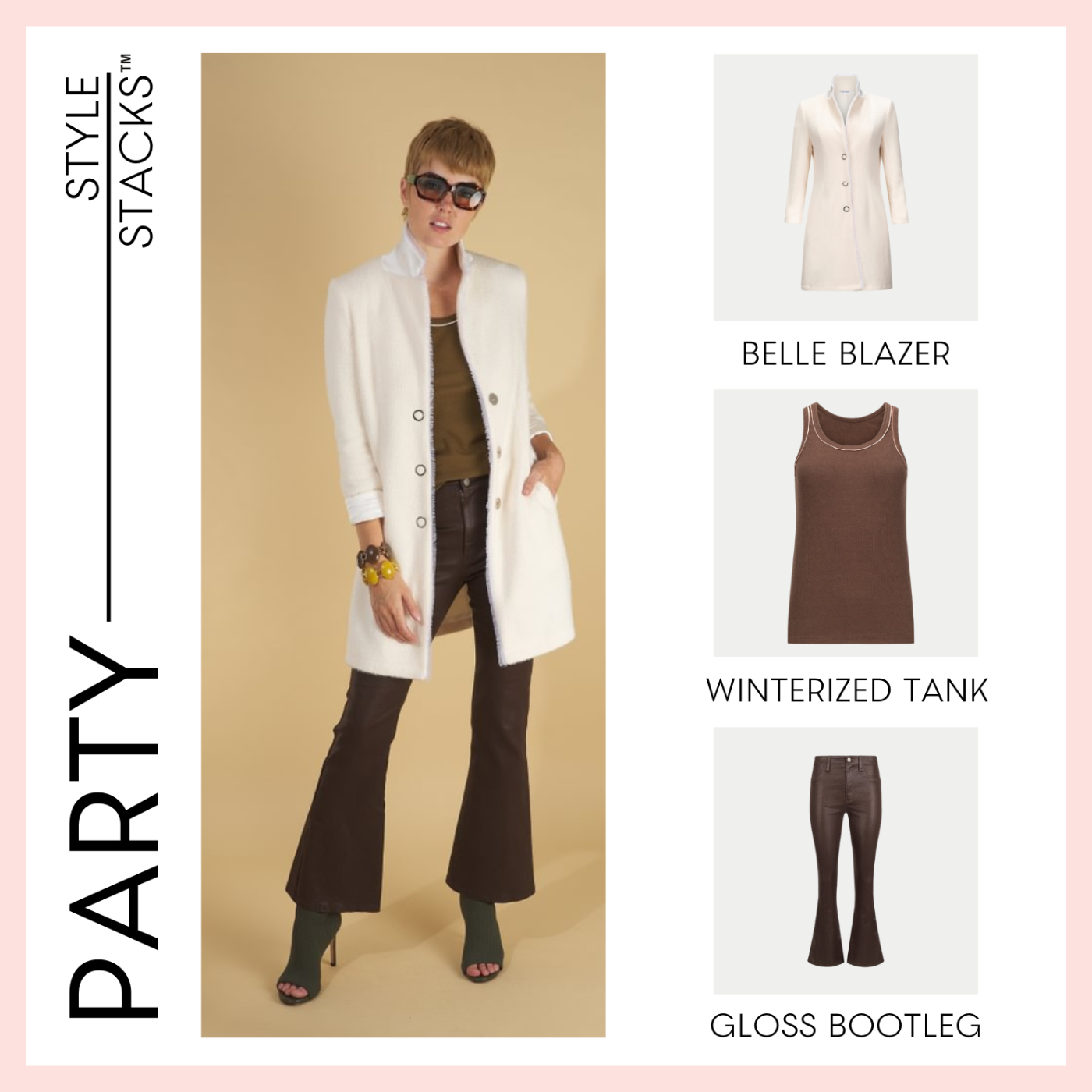style stacks party by inlarkin featuring the belle blazer in ivory, the winterized tank in chocolate and the gloss bootleg in chocolate