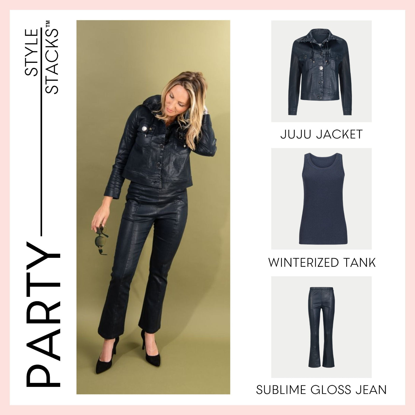 the style stacks party inlarkin featuring the juju jacket in navy, winterized tank in navy and sublime gloss jean in navy