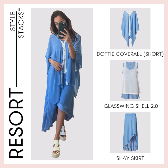 The style stacks resort by inlarkin image showing the dottie coverall short in blue with the glasswing shell 2.0 and the shay skirt