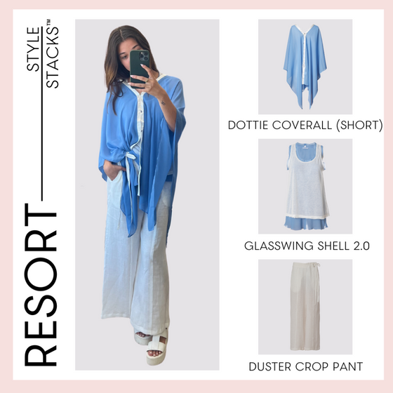 The style stacks resort by inlarkin image showing the dottie coverall short in blue with the glasswing shell 2.0 and the duster crop pant