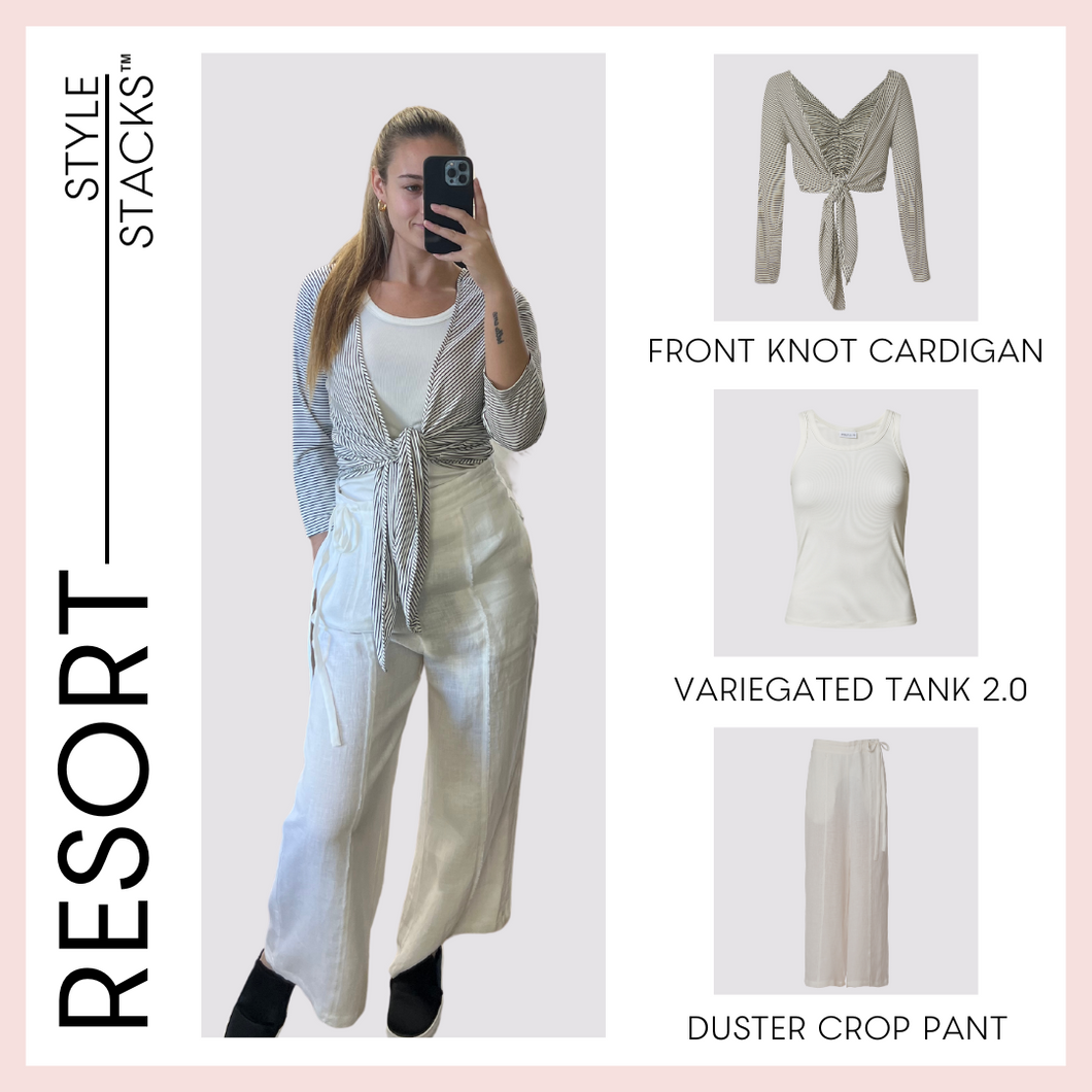  The style stacks resort by inlarkin image featuring the front knot cardigan, variegated tank 2.0 and duster crop pant