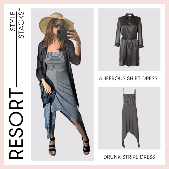 The style stacks resort by inlarkin image showing the aliferous shirt dress in black and the drunk stripe dress in black