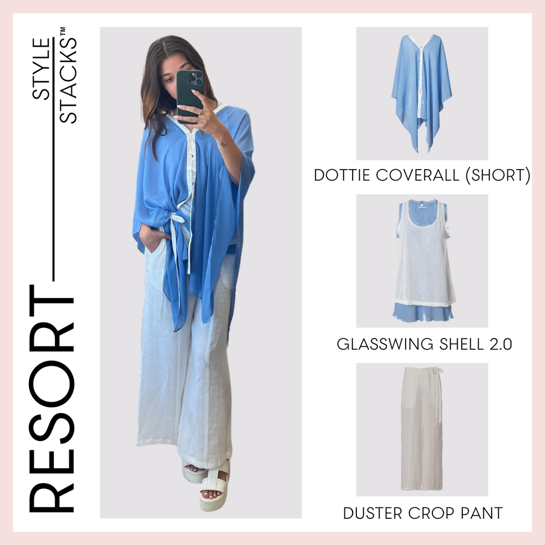  style stacks resort image by inlarkin featuring the dottie coverall in blue, glasswing shell 2.0 and duster crop pant in white