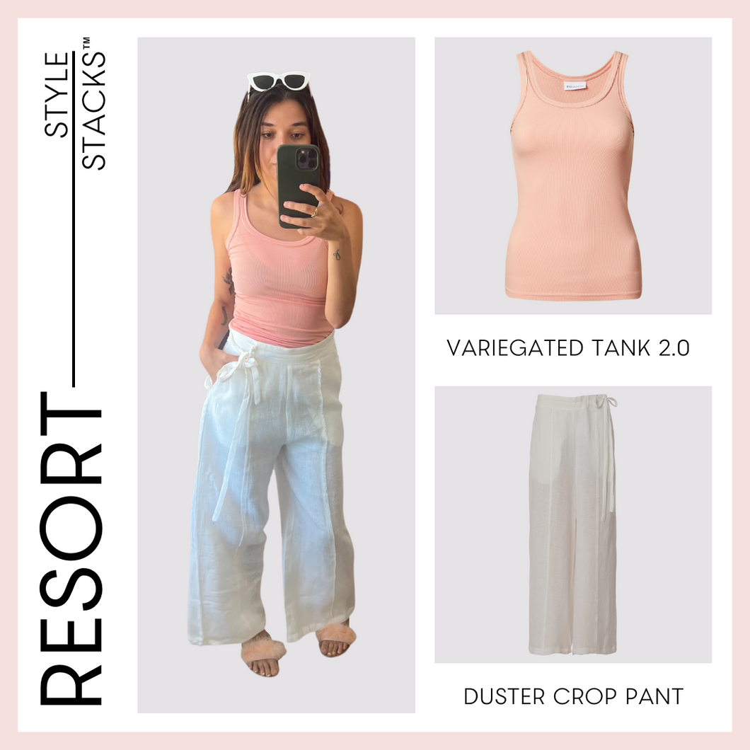  style stacks resort image by inlarkin featuring the variegated tank 2.0 in coral and the duster crop pant in white