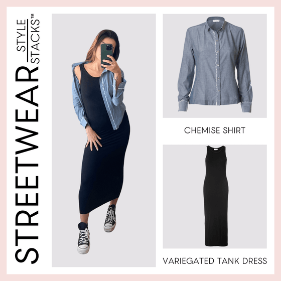 the style stacks weekend by inlarkin image showing the chemise shirt  paired with the variegated tank dress in black