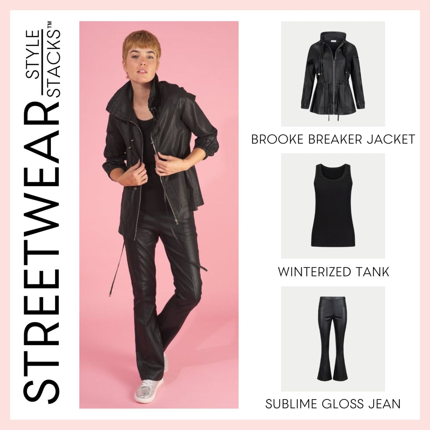 the style stacks streetwear by inlarkin featuring the brooke breaker, winterized tank and sublime gloss jean