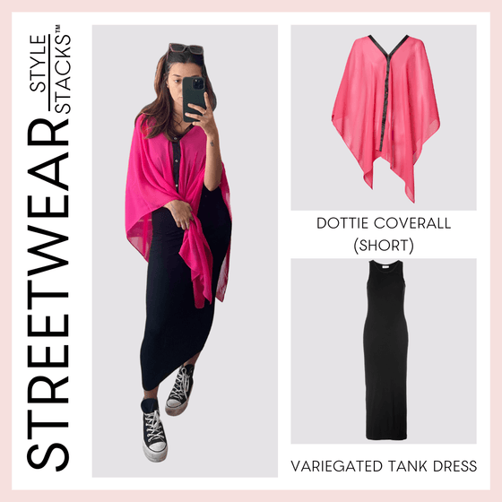 The style stacks streetwear by inlarkin image showing the dottie coverall short in fuchsia and the variegated tank dress in black