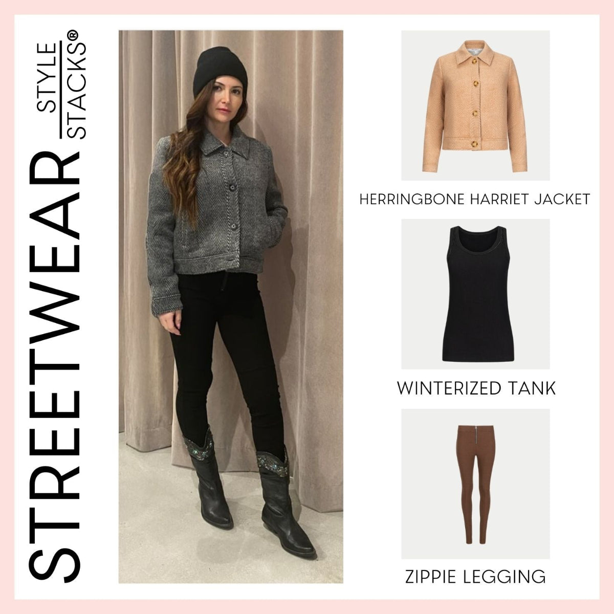 the style stacks streetwear by inlarkin featuring the herringbone harriet jacket in black, winterized tank in black and zippie legging in black