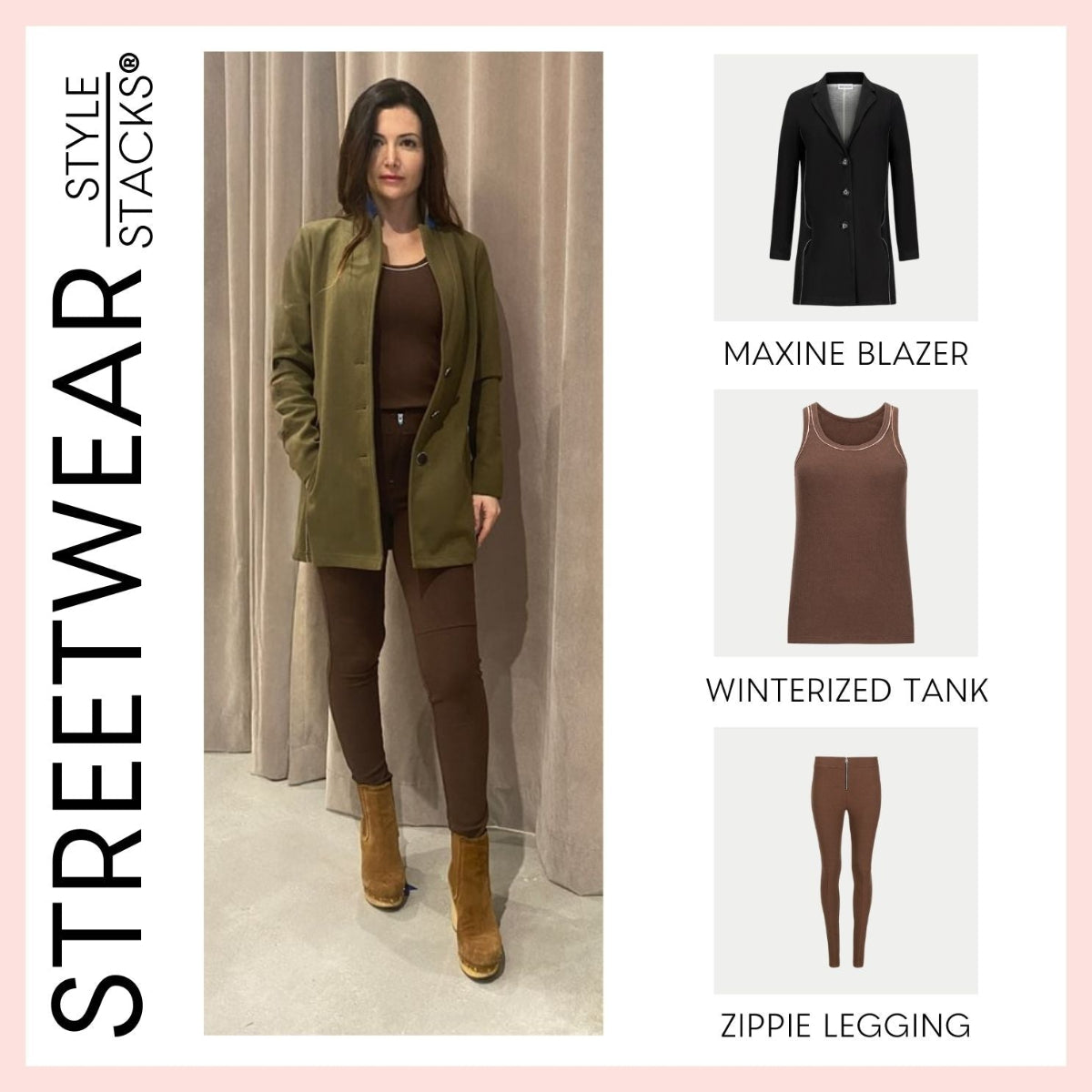 the style stacks streetwear by inlarkin featuring the maxine blazer in olive, winterized tank in chocolate and zippie legging in chocolate