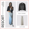 the style stacks resort by inlarkin image showing the beauty bomber in black paired with the cody dress in white stripe
