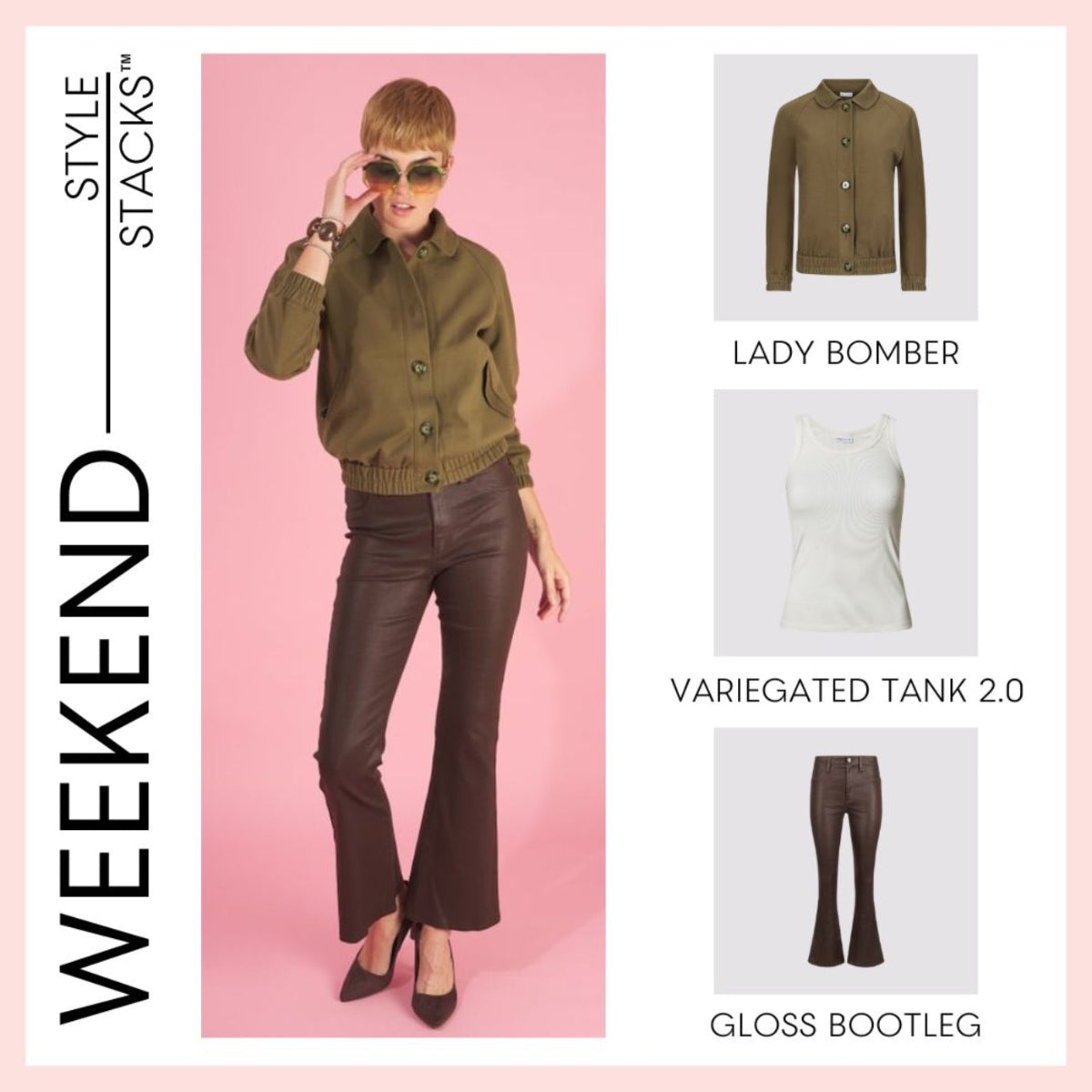style stacks weekend by inlarkin featuring the lady bomber in olive the variegated tank 2.0 in white and the gloss bootleg in chocolate