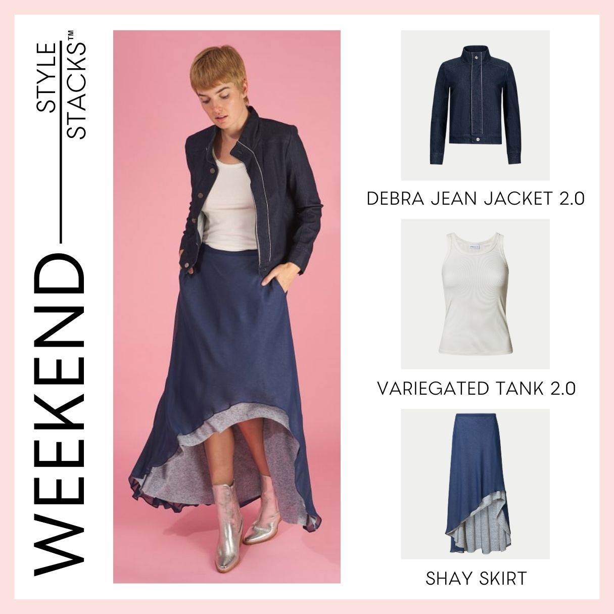 the style stacks weekend by inlarkin featuring the debra jean jacket 2.0, variegated tank 2.0 and shay skirt