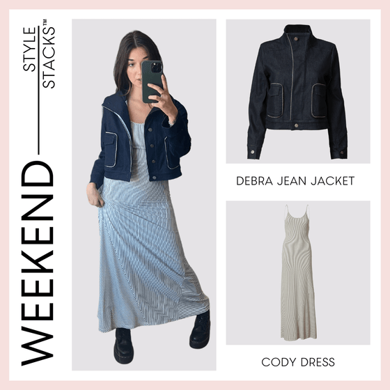the style stacks weekend by inlarkin image showing the debra jean jacket paired with the cody dress in white stripe